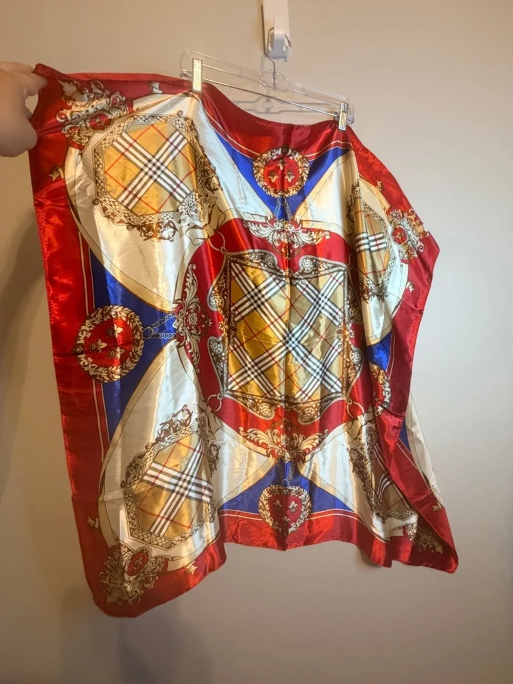 Red & Gold Satin Print Fashion Scarf with Blue Accents